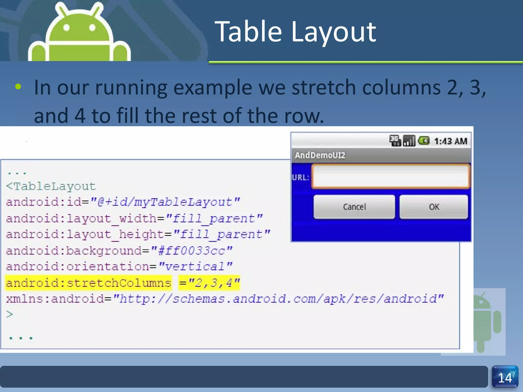 Table Layout In our running example we stretch columns 2, 3, and 4 to fill the rest of the row. 
