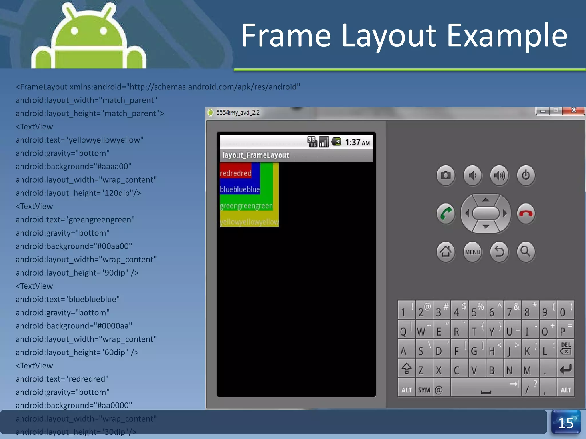 Frame Layout Example <FrameLayout xmlns:android="http://schemas.android.com/apk/res/android" android:layout_width="match_parent" android:layout_height="match_parent"> <TextView android:text="yellowyellowyellow" android:gravity="bottom" android:background="#aaaa00" android:layout_width="wrap_content" android:layout_height="120dip"/> <TextView android:text="greengreengreen" android:gravity="bottom" android:background="#00aa00" android:layout_width="wrap_content" android:layout_height="90dip" /> <TextView android:text="blueblueblue" android:gravity="bottom" android:background="#0000aa" android:layout_width="wrap_content" android:layout_height="60dip" /> <TextView android:text="redredred" android:gravity="bottom" android:background="#aa0000" android:layout_width="wrap_content" android:layout_height="30dip"/> </FrameLayout> 