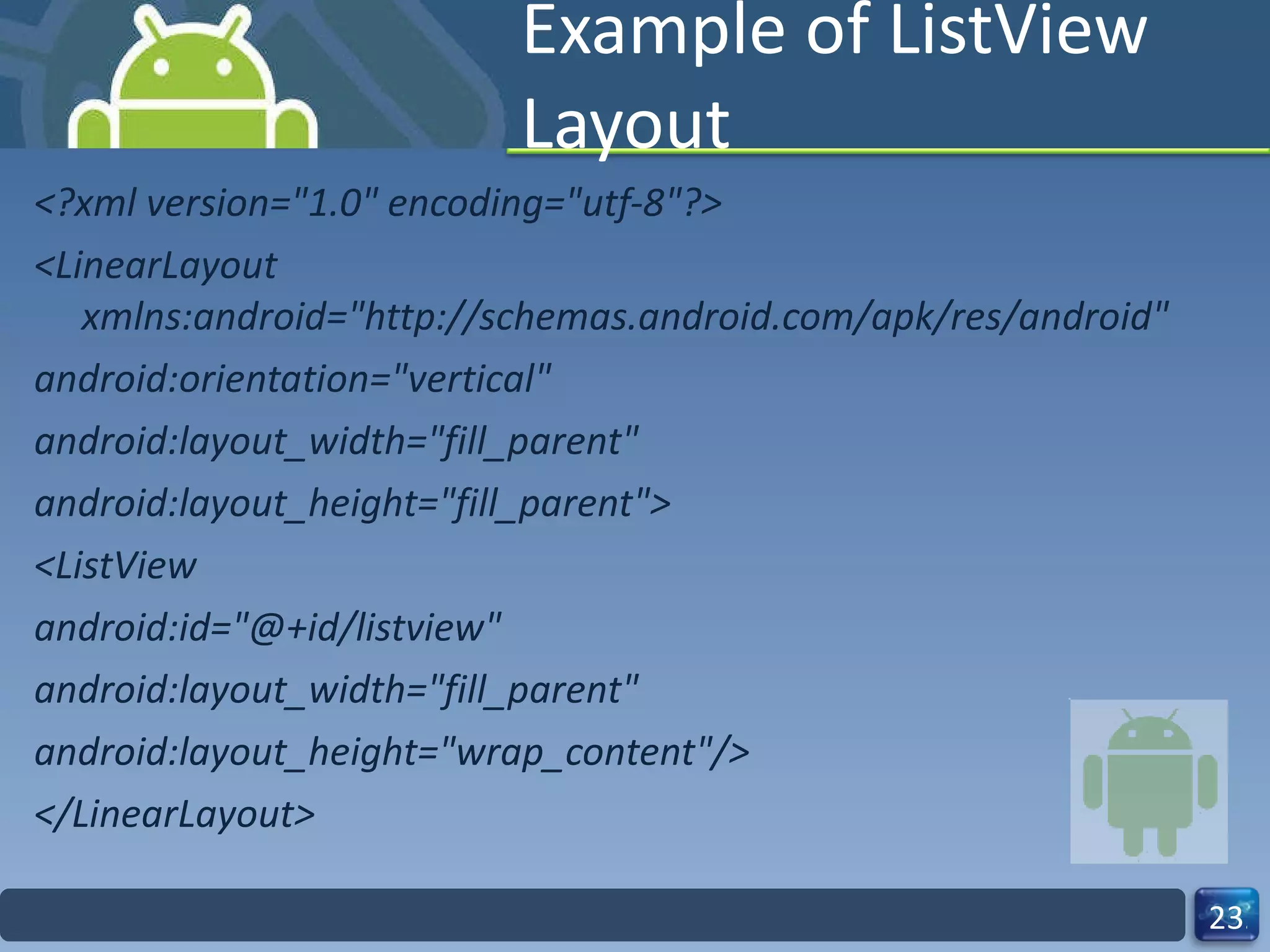 Example of ListView Layout <?xml version="1.0" encoding="utf-8"?> <LinearLayout xmlns:android="http://schemas.android.com/apk/res/android" android:orientation="vertical" android:layout_width="fill_parent" android:layout_height="fill_parent"> <ListView android:id="@+id/listview" android:layout_width="fill_parent" android:layout_height="wrap_content"/> </LinearLayout> 