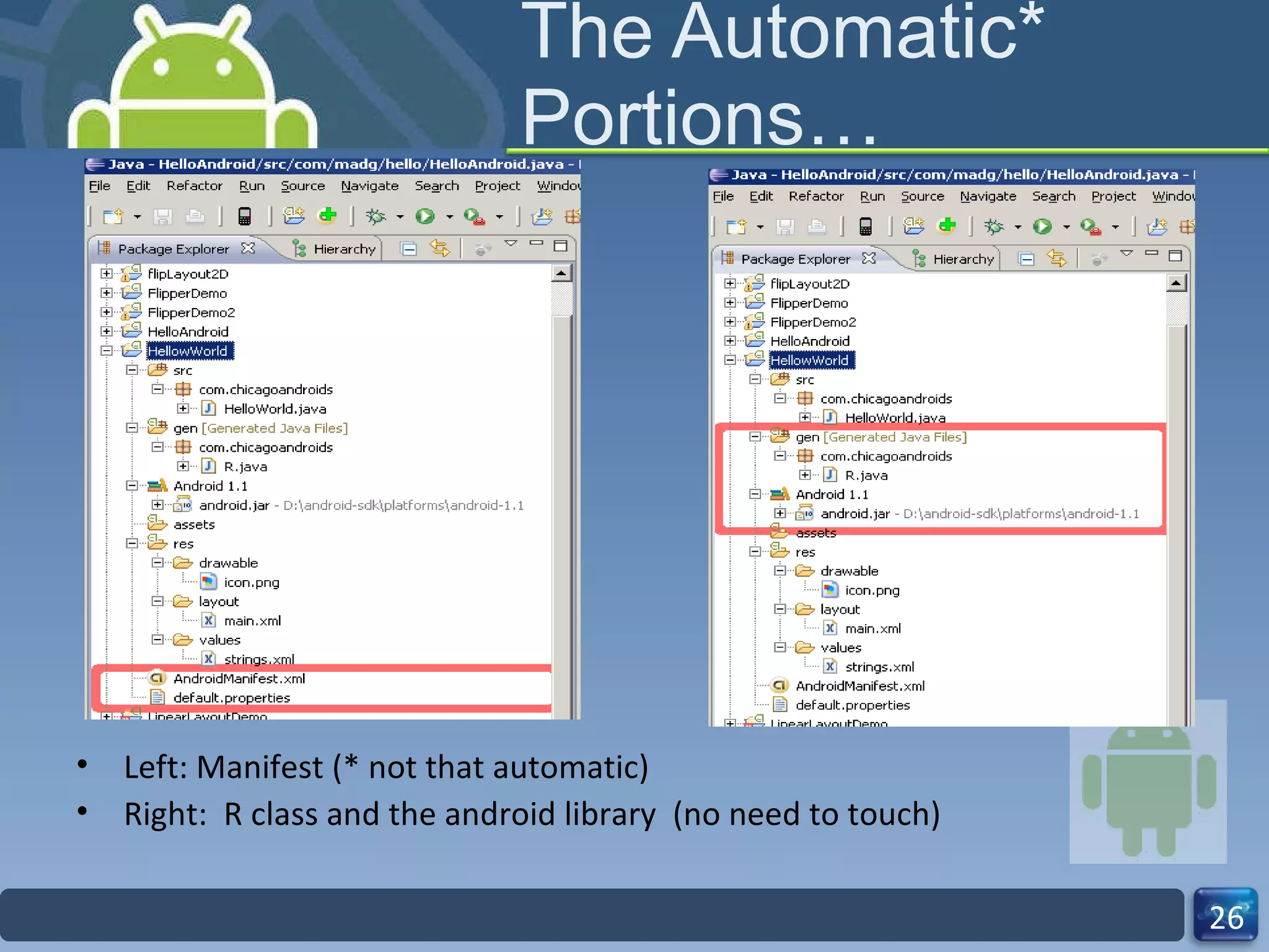 The Automatic* Portions… Left: Manifest (* not that automatic) Right:  R class and the android library  (no need to touch)  