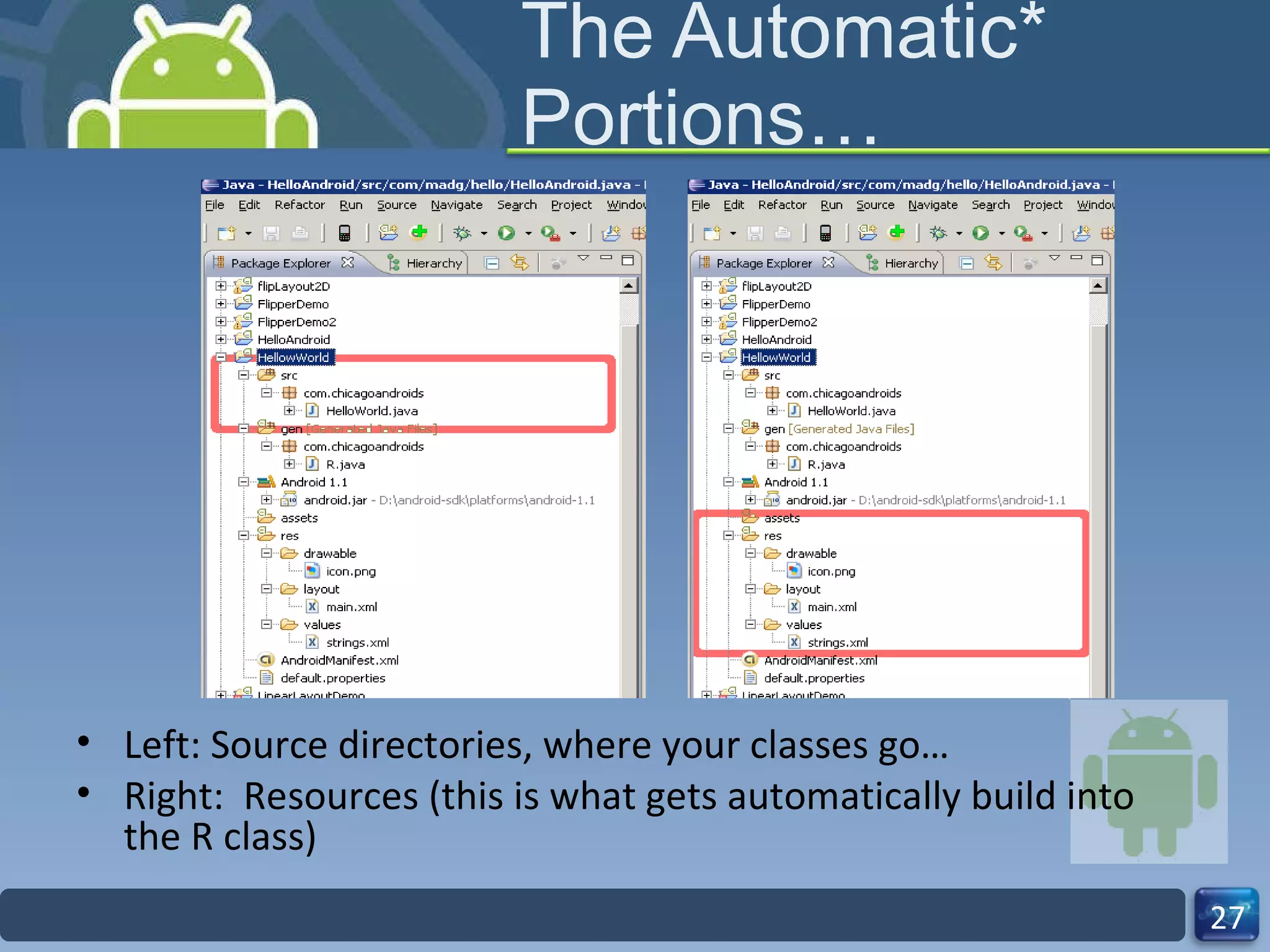 The Automatic* Portions… Left: Source directories, where your classes go… Right:  Resources (this is what gets automatically build into the R class)  