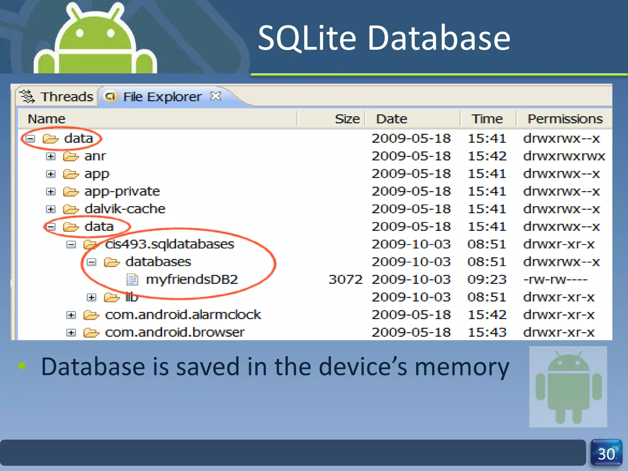 SQLite Database Database is saved in the device’s memory 