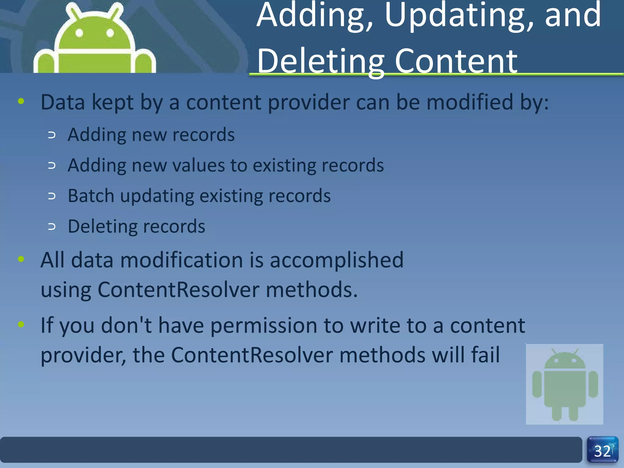 Adding, Updating, and Deleting Content Data kept by a content provider can be modified by: Adding new records Adding new values to existing records Batch updating existing records Deleting records All data modification is accomplished using ContentResolver methods.  If you don't have permission to write to a content provider, the ContentResolver methods will fail 