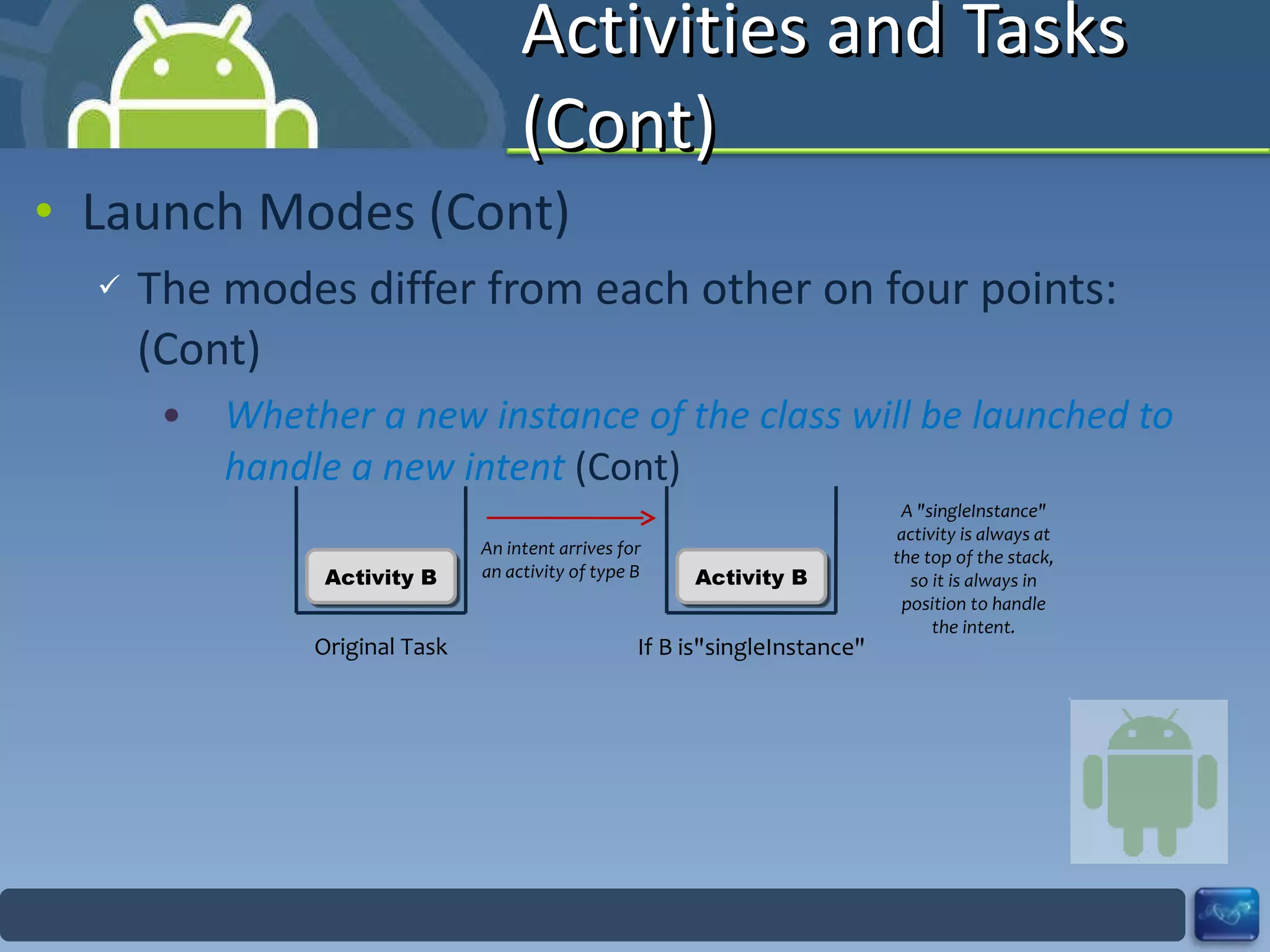 Activities and Tasks (Cont) Launch Modes (Cont) The modes differ from each other on four points: (Cont) Whether a new instance of the class will be launched to handle a new intent  (Cont) Activity B Original Task An intent arrives for an activity of type B If B is"singleInstance" A "singleInstance" activity is always at the top of the stack, so it is always in position to handle the intent. Activity B 