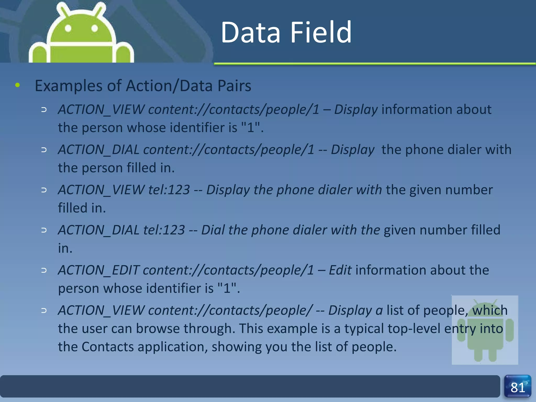 Data Field Examples of Action/Data Pairs ACTION_VIEW content://contacts/people/1 – Display  information about the person whose identifier is "1". ACTION_DIAL content://contacts/people/1 -- Display  the phone dialer with the person filled in. ACTION_VIEW tel:123 -- Display the phone dialer with  the given number filled in. ACTION_DIAL tel:123 -- Dial the phone dialer with the  given number filled in. ACTION_EDIT content://contacts/people/1 – Edit  information about the person whose identifier is "1". ACTION_VIEW content://contacts/people/ -- Display a  list of people, which the user can browse through. This example is a typical top-level entry into the Contacts application, showing you the list of people. 