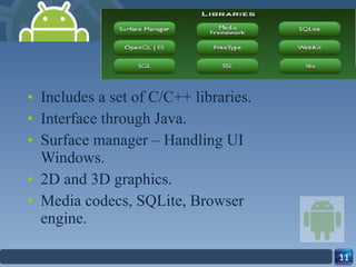 Includes a set of C/C++ libraries. Interface through Java. Surface manager – Handling UI Windows. 2D and 3D graphics. Media codecs, SQLite, Browser engine. 