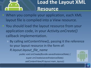 Load the Layout XML Resource When you compile your application, each XML layout file is compiled into a View resource. You should load the layout resource from your application code, in your  Activity.onCreate()  callback implementation. By calling setContentView(), passing it the reference to your layout resource in the form of:  R.layout.layout_file_name public void onCreate(Bundle savedInstanceState) { super.onCreate(savedInstanceState); setContentView(R.layout.main_layout); } 