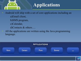 Applications Android will ship with a set of core applications including an  a)Email client,  b)SMS program,  c)Calendar, d)Contacts & others…. All the applications are written using the Java programming language. 