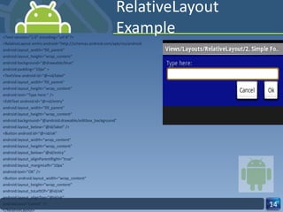 RelativeLayout Example <?xml version="1.0" encoding="utf-8"?> <RelativeLayout xmlns:android="http://schemas.android.com/apk/res/android android:layout_width="fill_parent" android:layout_height="wrap_content" android:background="@drawable/blue" android:padding="10px" > <TextView android:id="@+id/label" android:layout_width="fill_parent" android:layout_height="wrap_content" android:text="Type here:" /> <EditText android:id="@+id/entry" android:layout_width="fill_parent" android:layout_height="wrap_content" android:background="@android:drawable/editbox_background" android:layout_below="@id/label" /> <Button android:id="@+id/ok" android:layout_width="wrap_content" android:layout_height="wrap_content" android:layout_below="@id/entry" android:layout_alignParentRight="true" android:layout_marginLeft="10px" android:text="OK" /> <Button android:layout_width="wrap_content" android:layout_height="wrap_content" android:layout_toLeftOf="@id/ok" android:layout_alignTop="@id/ok" android:text="Cancel" /> </RelativeLayout> 