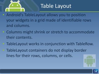 Table Layout Android's TableLayout allows you to position your widgets in a grid made of identifiable rows and columns. Columns might shrink or stretch to accommodate their contents. TableLayout works in conjunction with TableRow. TableLayout containers do not display border lines for their rows, columns, or cells.  