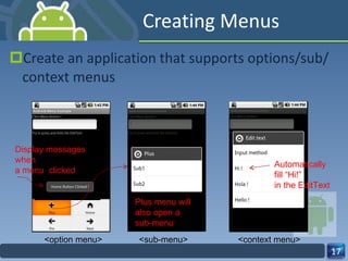 Creating Menus Create an application that supports options/sub/context menus <option menu> <sub-menu> <context menu> Automatically  fill “Hi!”  in the EditText Plus menu will also open a  sub-menu Display messages when a menu  clicked 