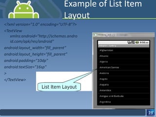 Example of List Item Layout <?xml version="1.0" encoding="UTF-8"?> <TextView xmlns:android="http://schemas.android.com/apk/res/android" android:layout_width="fill_parent" android:layout_height="fill_parent" android:padding="10dp" android:textSize="16sp" > </TextView> 