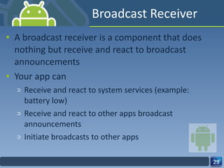 Broadcast Receiver A broadcast receiver is a component that does nothing but receive and react to broadcast announcements  Your app can Receive and react to system services (example: battery low) Receive and react to other apps broadcast announcements Initiate broadcasts to other apps 