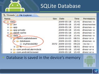 SQLite Database Database is saved in the device’s memory 