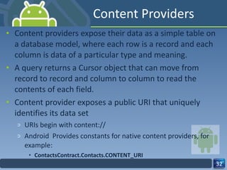 Content Providers Content providers expose their data as a simple table on a database model, where each row is a record and each column is data of a particular type and meaning. A query returns a Cursor object that can move from record to record and column to column to read the contents of each field. Content provider exposes a public URI that uniquely identifies its data set  URIs begin with content:// Android  Provides constants for native content providers, for example: ContactsContract.Contacts.CONTENT_URI 