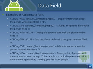 Data Field Examples of Action/Data Pairs ACTION_VIEW content://contacts/people/1 – Display  information about the person whose identifier is "1". ACTION_DIAL content://contacts/people/1 -- Display  the phone dialer with the person filled in. ACTION_VIEW tel:123 -- Display the phone dialer with  the given number filled in. ACTION_DIAL tel:123 -- Dial the phone dialer with the  given number filled in. ACTION_EDIT content://contacts/people/1 – Edit  information about the person whose identifier is "1". ACTION_VIEW content://contacts/people/ -- Display a  list of people, which the user can browse through. This example is a typical top-level entry into the Contacts application, showing you the list of people. 