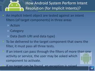 How Android System Perform Intent Resolution (for Implicit Intents)? An implicit Intent object are tested against an intent filters (of target components) in three areas Action Category Data (both URI and data type) To be delivered to the target component that owns the filter, it must pass all three tests. If an intent can pass through the filters of more than one activity or service, the user may be asked which component to activate. If no target can be found, an exception is raised 
