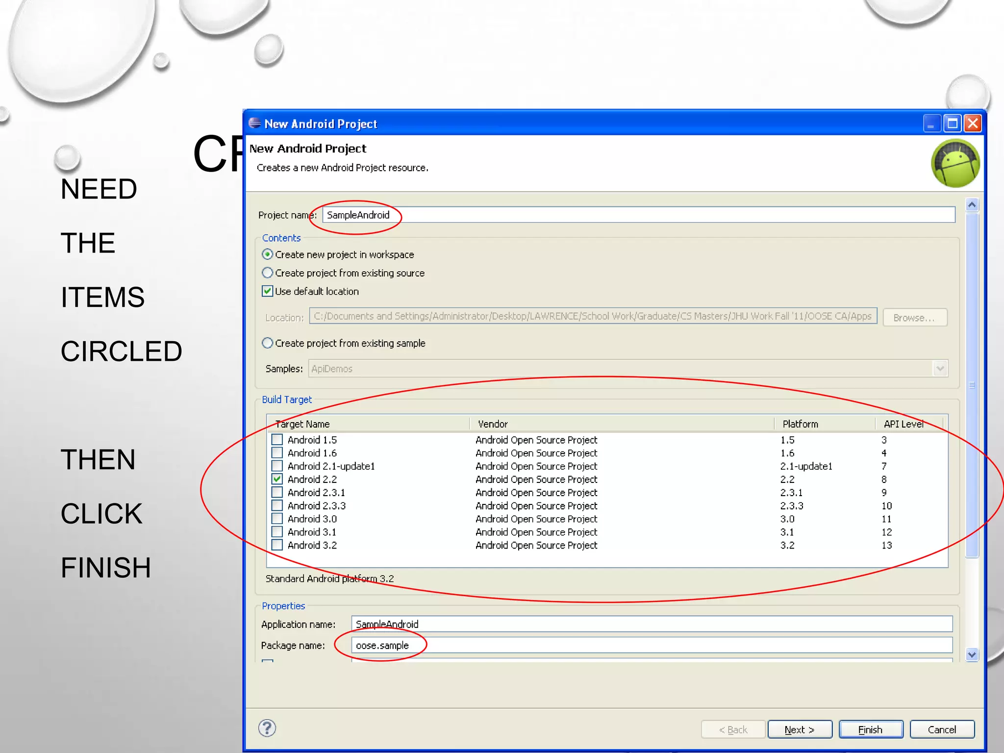 NEED
THE
ITEMS
CIRCLED

THEN
CLICK
FINISH

CREATING A PROJECT (2)

 