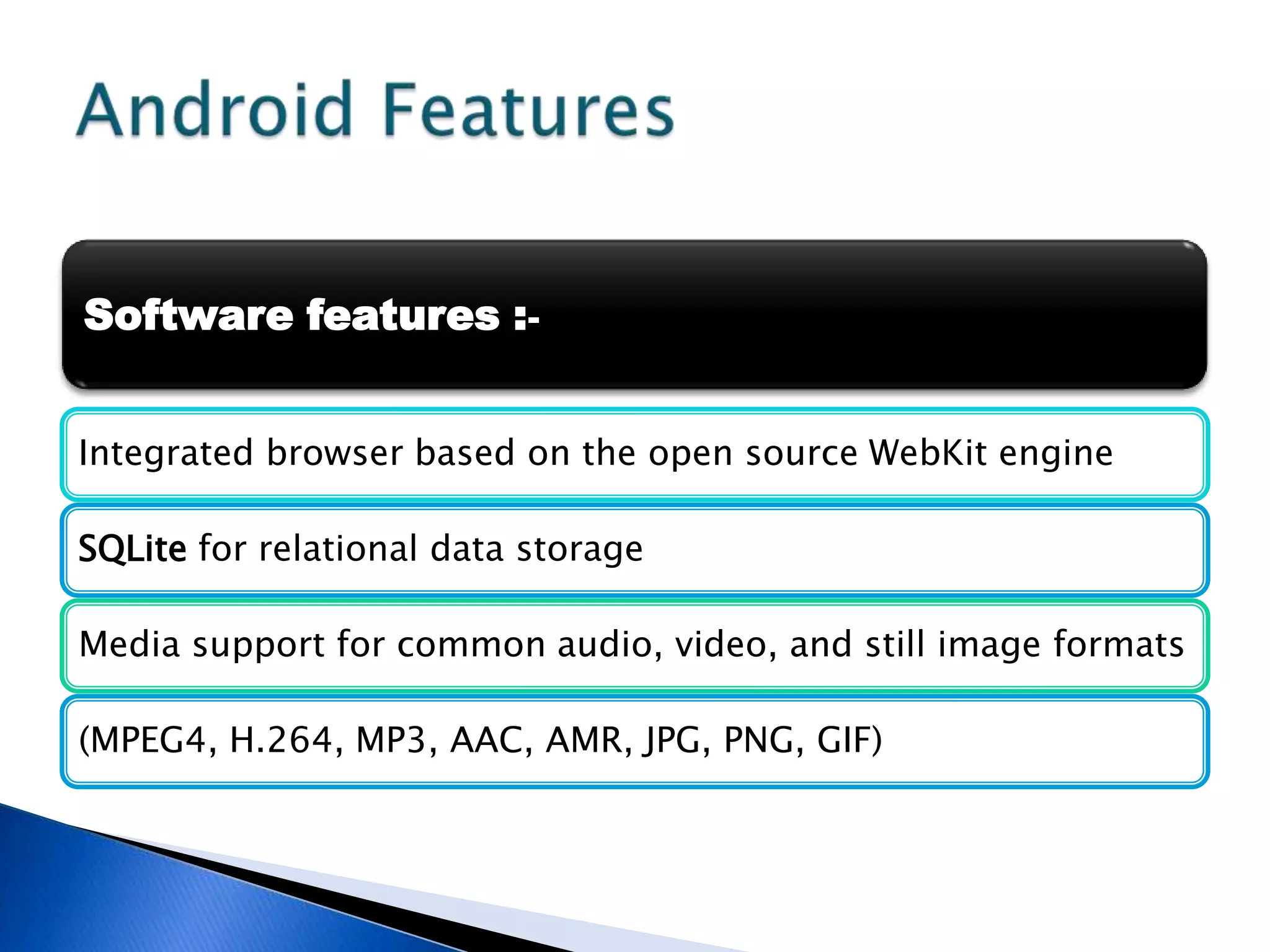 Software features :-
Integrated browser based on the open source WebKit engine
SQLite for relational data storage
Media support for common audio, video, and still image formats
(MPEG4, H.264, MP3, AAC, AMR, JPG, PNG, GIF)
 