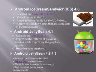  Released on November 14, 2011.
 Virtual button in the UI.
 A new typeface family for the UI, Roboto.
 Ability to shut down apps that are using data
in the background.
 Released on June 27, 2012.
 Improved the features of previous
version while improving the graphics
quality.
 Smoother user interface.
Released on 13 November 2012
Lock screen improvements
Multiple user accounts (tablets only)
Bug fixes and performance
enhancements
 Android JellyBean 4.2,4.3
 