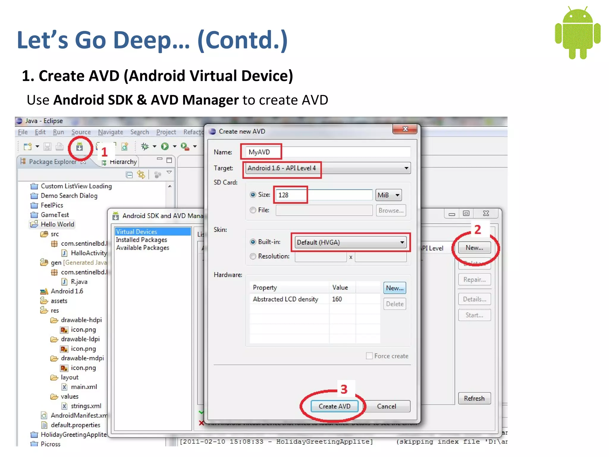 Let’s Go Deep… (Contd.)
1. Create AVD (Android Virtual Device)
Use Android SDK & AVD Manager to create AVD
 