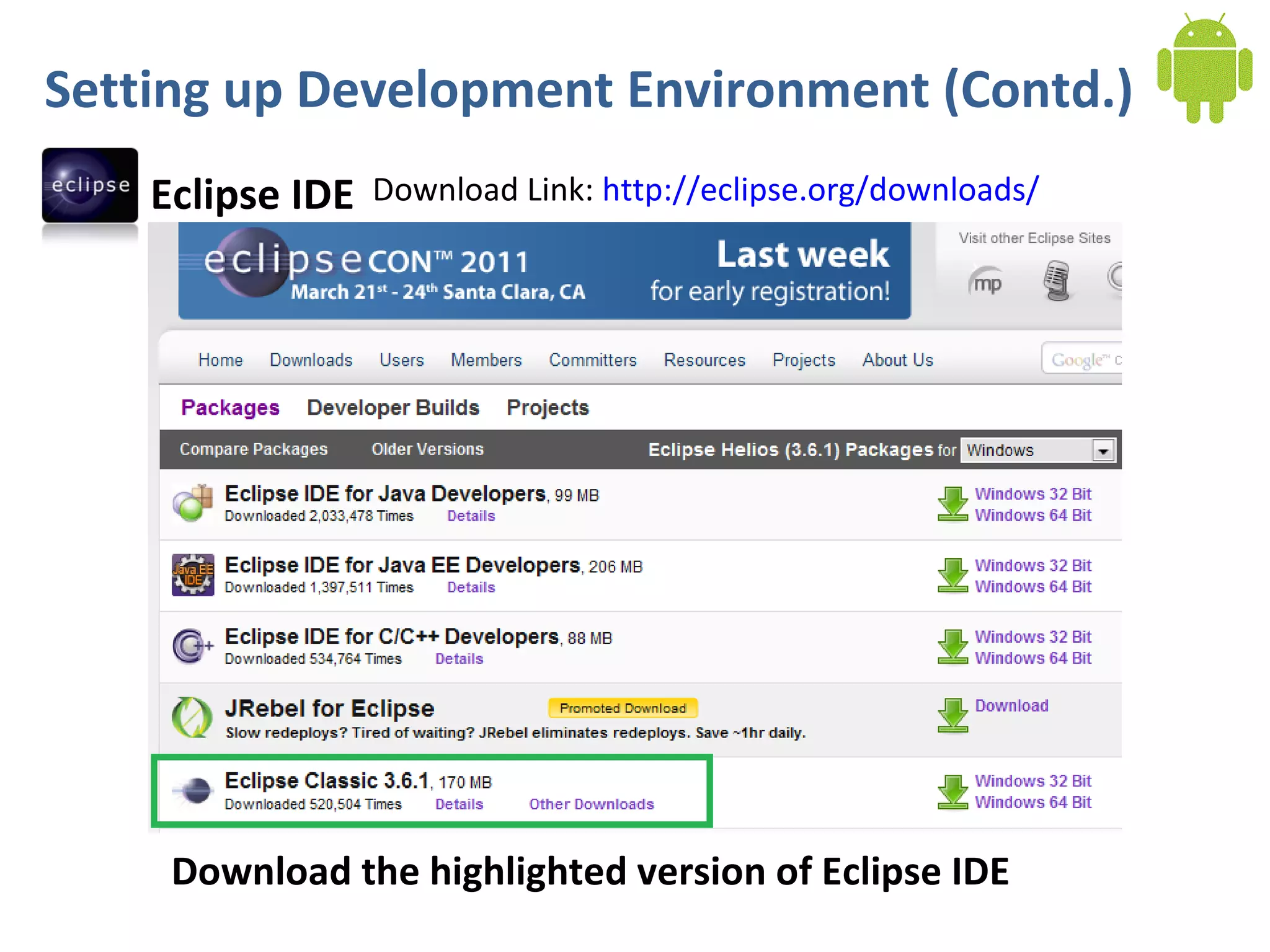 Eclipse IDE
Setting up Development Environment (Contd.)
Download Link: http://eclipse.org/downloads/
Download the highlighted version of Eclipse IDE
 
