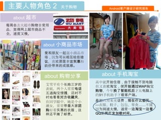 主要人物角色 2         关于购物          Android客户端设计研究报告


  about 超市
每周会去大超市购物日常用
品，觉得网上超市商品不
全，速度又慢。


             about 小商品市场
             爱和朊友一起逛小商品市
             场，因为可以相互给些建
             议，喜欢那里丰富实惠和
             砍价带来的成就感。


             about 购物分享     about 手机淘宝
                           高中就开始住宿，由于接触不到电脑
             艾雪平有个长她三岁的
                           但又喜欢淘宝，便开始通过WAP淘宝
             表姐，两个人常常电话
                           购物。今年换了智能机后才从电脑上
             互通淘宝情报，还时不
                           的91手机助手下载客户端。
             时地看看对方收藏夹。
             在同学眼中，她是个小    最初只用来充话费，现在什么都买—
             潮女，常常带着大家团    —衣朋、鞋子、包包、零食……不过
             购好看实惠的衣服，这    因为网速太慢，通常一边淘宝一边看
             样还平摊了邮费。      QQ新闻打发加载时间。
 