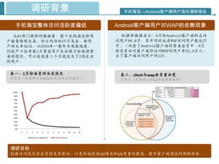 调研背景                  手机淘宝—Android客户端用户流失调研报告


  手机淘宝整体访问活跃度偏低           Android客户端用户对WAP的依赖现象
 从BI部门提供的数据看，整个无线淘宝新用      BI提供数据显示，6月仹Android客户端的总访
户数量持续走高，但日均活跃UV不见长，新用     问用户66.8万，其中同时也是WAP访问用户数达27
户回头率仅5%。以2010年一整年为观察维度，   万。（而装了Android客户端的登录会员中，6月
仍较严口径考察1月登录用户在后续月仹连续登     仹没有访问客户端但访问WAP的用户有22.4万人，
录的情况，可以发现第二个月就流失了70%左右    占了客户端访问用户的1/3。
的用户。

表一：1月仹会员回头及流失              表二：client与wap会员重合度
引用自《无线事业部2010年度总体分析报告 》    引用自《无线事业部Q2季度数据报告》




调研目标：
挖掘访问流失存在原因及其影响，以更好地促迚UV增长和UV质量的提高，提升客户端淘宝的购物体验。
 