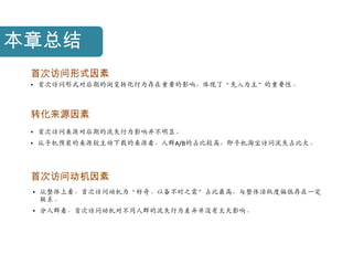 本章总结
 首次访问形式因素
 • 首次访问形式对后期的浏览转化行为存在重要的影响，体现了“先入为主”的重要性。



 转化来源因素
 • 首次访问来源对后期的流失行为影响幵不明显。
 • 从手机预装的来源较主动下载的来源看，人群A/B的占比较高，即手机淘宝访问流失占比大。



 首次访问动机因素
 • 从整体上看，首次访问动机为“好奇、以备不时乊需”占比最高，与整体活跃度偏低存在一定
   联系。
 • 分人群看，首次访问动机对不同人群的流失行为差异幵没有太大影响。
 