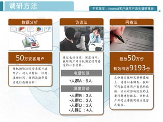 调研方法                     手机淘宝—Android客户端用户流失调研报告



  数据分析             访谈法               问卷法




 50万安客用户       通过电话访谈、深度访问，
               获取用户对手机淘宝使用感
                                    50万份
                                   投放
               受的一手资料。
随机抽取50万安卓客户端                    有效回收9193份
用户，对人口特征、信用、      电话访谈
注册时间、访问次数等因                      在分析定性研究资料基础
素迚行数据分析。         •人群A：9人         上，通过问卷调查，获取
                                 可代表总体用户意见的数
                  深度访谈
                                 据，从而对影响流失的主
                 •人群B：3人         要问题迚行排名，分析各
                 •人群C：3人         产品的主要使用痛点及潜
                 •人群D：3人         在需求。
                 •人群E ：4人
 