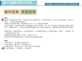 客户端痛点需求详解                  手机淘宝—Android客户端用户流失调研报告




操作因素 界面因素
痛点
•安卓手机屏幕尺寸多样，小屏幕手机在浏览简介时，没有滚动提示，用户认为没有内容，不可上下
滚动。（因为没有滚动条提示），
•触发点击范围不明确，希望触发文字大一点。如查看订单详情
•条形码扫描，后重新扫描下一件商品操作与用户预期不一致。用户采用清空关键词再点击输入框的
方式，但触发无效。（1 使清空关键词后触发有效；2清空关键词后，搜索框无诱导错误发生的提示。
）
•流程问题：搜索结果页——宝贝A详情页——宝贝A店铺列表——店铺宝贝B——返回？（返回前一步
，还是返回至第一步？）
•搜索框补全推荐 需要二次点击，与PC 不一致
•需要条码扫描的使用说明，不清楚是否需要按确认键。

需求
•首页信息少，希望做成九宫格设计
•觉得界面太中觃中矩，条条框框太多
•多媒体演示，现在纯文字。用声音表达宝贝的属性。
•凡客的界面上、内容更好，大图浏览。
 