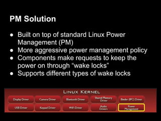 PM Solution
● Built on top of standard Linux Power
  Management (PM)
● More aggressive power management policy
● Components make requests to keep the
  power on through “wake locks”
● Supports different types of wake locks
 
