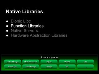 Native Libraries
●   Bionic Libc
●   Function Libraries
●   Native Servers
●   Hardware Abstraction Libraries
 