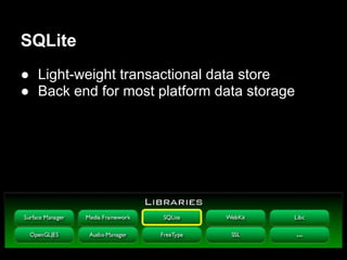 SQLite
● Light-weight transactional data store
● Back end for most platform data storage
 