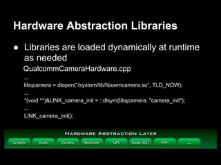 Hardware Abstraction Libraries
● Libraries are loaded dynamically at runtime
  as needed
  QualcommCameraHardware.cpp
  ...
  libqcamera = dlopen(“/system/lib/liboemcamera.so”, TLD_NOW);
  ...
  *(void **)&LINK_camera_init = ::dlsym(libqcamera, "camera_init");
  ...
  LINK_camera_init();
 