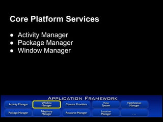 Core Platform Services
● Activity Manager
● Package Manager
● Window Manager
 