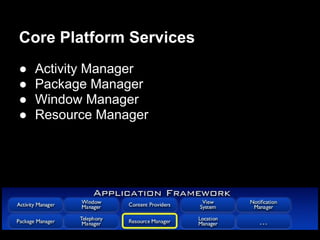 Core Platform Services
●   Activity Manager
●   Package Manager
●   Window Manager
●   Resource Manager
 