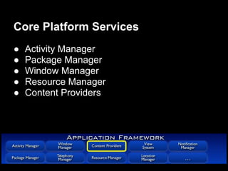 Core Platform Services
●   Activity Manager
●   Package Manager
●   Window Manager
●   Resource Manager
●   Content Providers
 