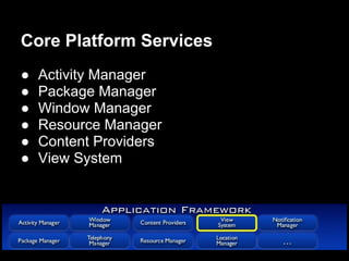 Core Platform Services
●   Activity Manager
●   Package Manager
●   Window Manager
●   Resource Manager
●   Content Providers
●   View System
 