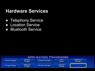 Hardware Services
● Telephony Service
● Location Service
● Bluetooth Service
 