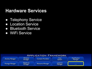 Hardware Services
●   Telephony Service
●   Location Service
●   Bluetooth Service
●   WiFi Service
 