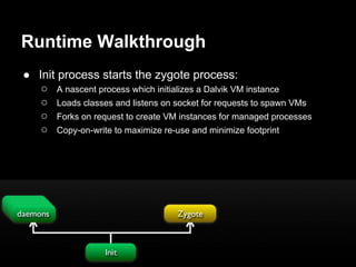 Runtime Walkthrough
● Init process starts the zygote process:
   ○ A nascent process which initializes a Dalvik VM instance
   ○ Loads classes and listens on socket for requests to spawn VMs
   ○ Forks on request to create VM instances for managed processes
   ○ Copy-on-write to maximize re-use and minimize footprint
 