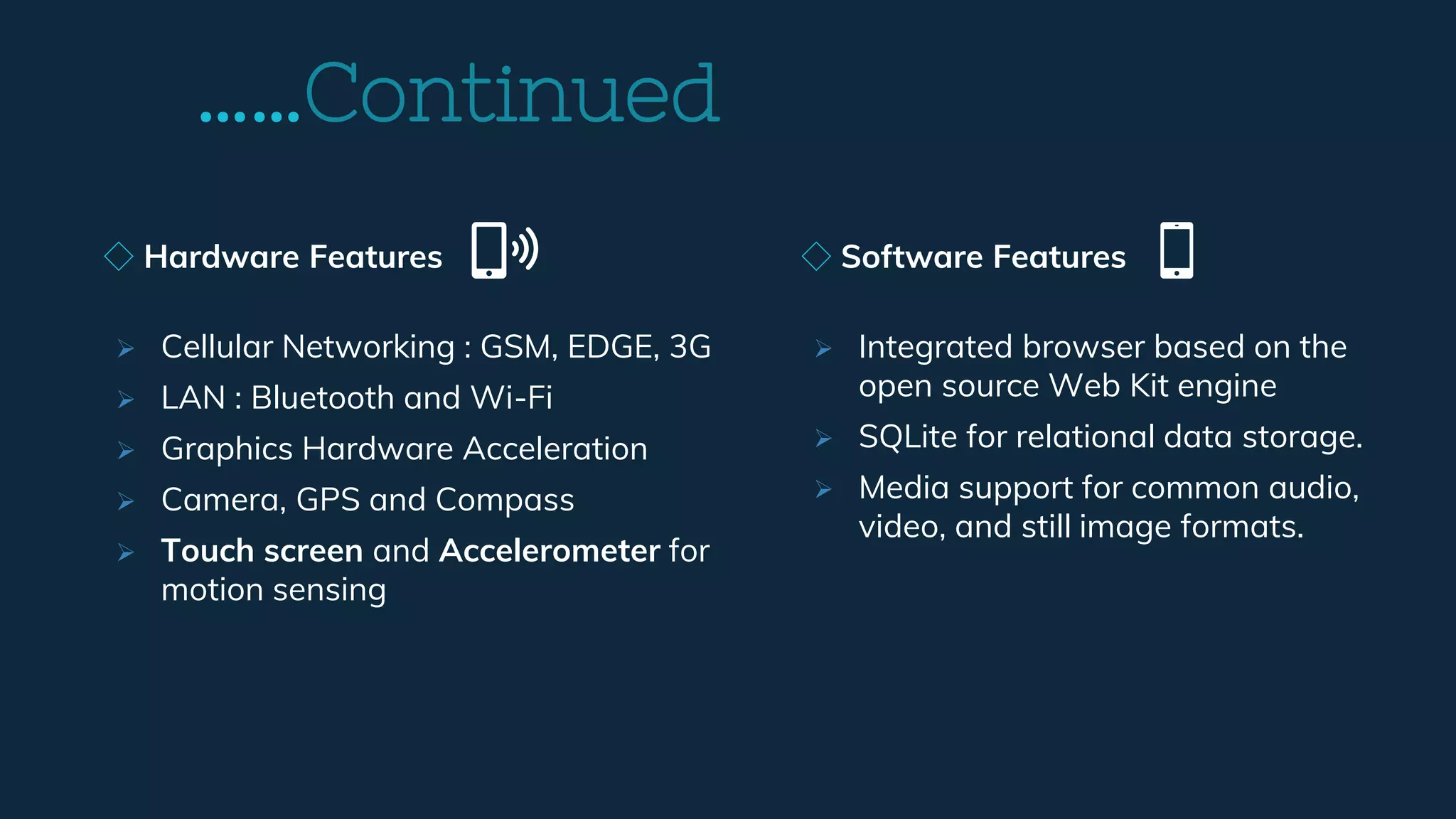……Continued
◇ Hardware Features
 Cellular Networking : GSM, EDGE, 3G
 LAN : Bluetooth and Wi-Fi
 Graphics Hardware Acceleration
 Camera, GPS and Compass
 Touch screen and Accelerometer for
motion sensing
◇ Software Features
 Integrated browser based on the
open source Web Kit engine
 SQLite for relational data storage.
 Media support for common audio,
video, and still image formats.
 