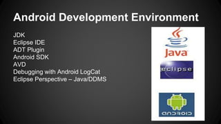 Android Development Environment
JDK
Eclipse IDE
ADT Plugin
Android SDK
AVD
Debugging with Android LogCat
Eclipse Perspective – Java/DDMS
 