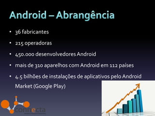 • 36 fabricantes
• 215 operadoras
• 450.000 desenvolvedores Android
• mais de 310 aparelhos com Android em 112 países
• 4.5 bilhões de instalações de aplicativos pelo Android
  Market (Google Play)
 