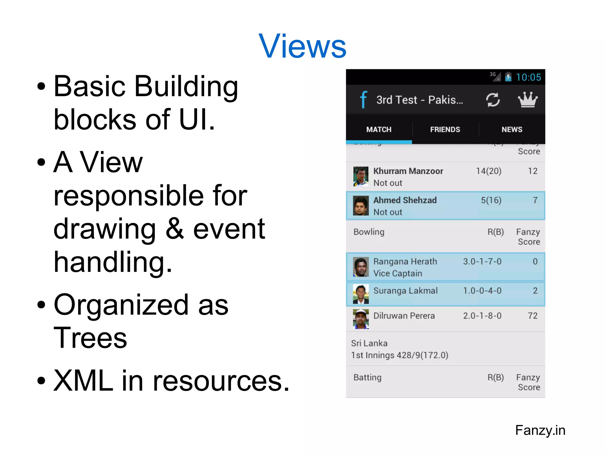 Views
Basic Building
blocks of UI.
● A View
responsible for
drawing & event
handling.
● Organized as
Trees
● XML in resources.
●

Fanzy.in

 