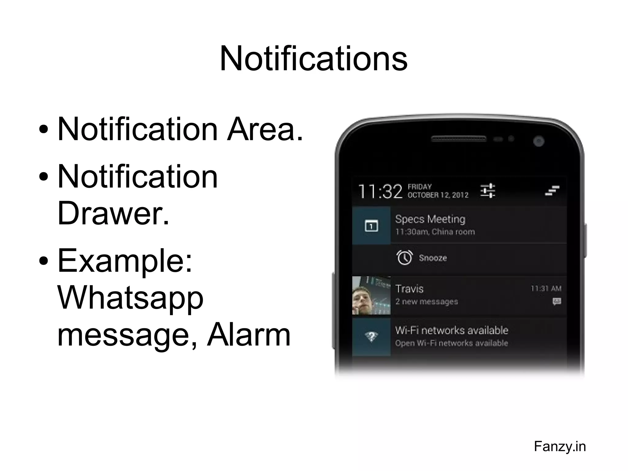 Notifications
Notification Area.
● Notification
Drawer.
● Example:
Whatsapp
message, Alarm
●

Fanzy.in

 