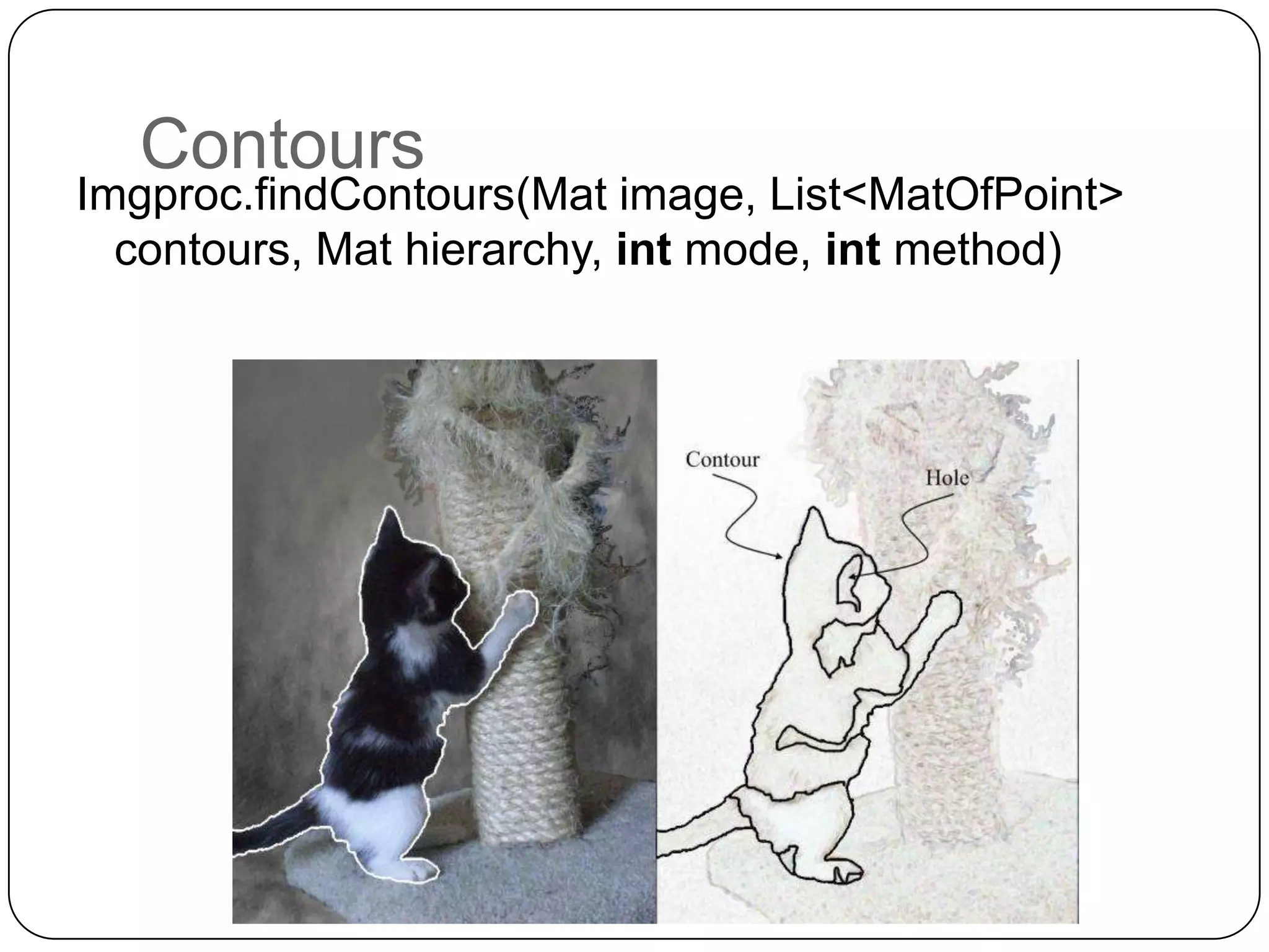 Contours

Imgproc.findContours(Mat image, List<MatOfPoint>
contours, Mat hierarchy, int mode, int method)

 