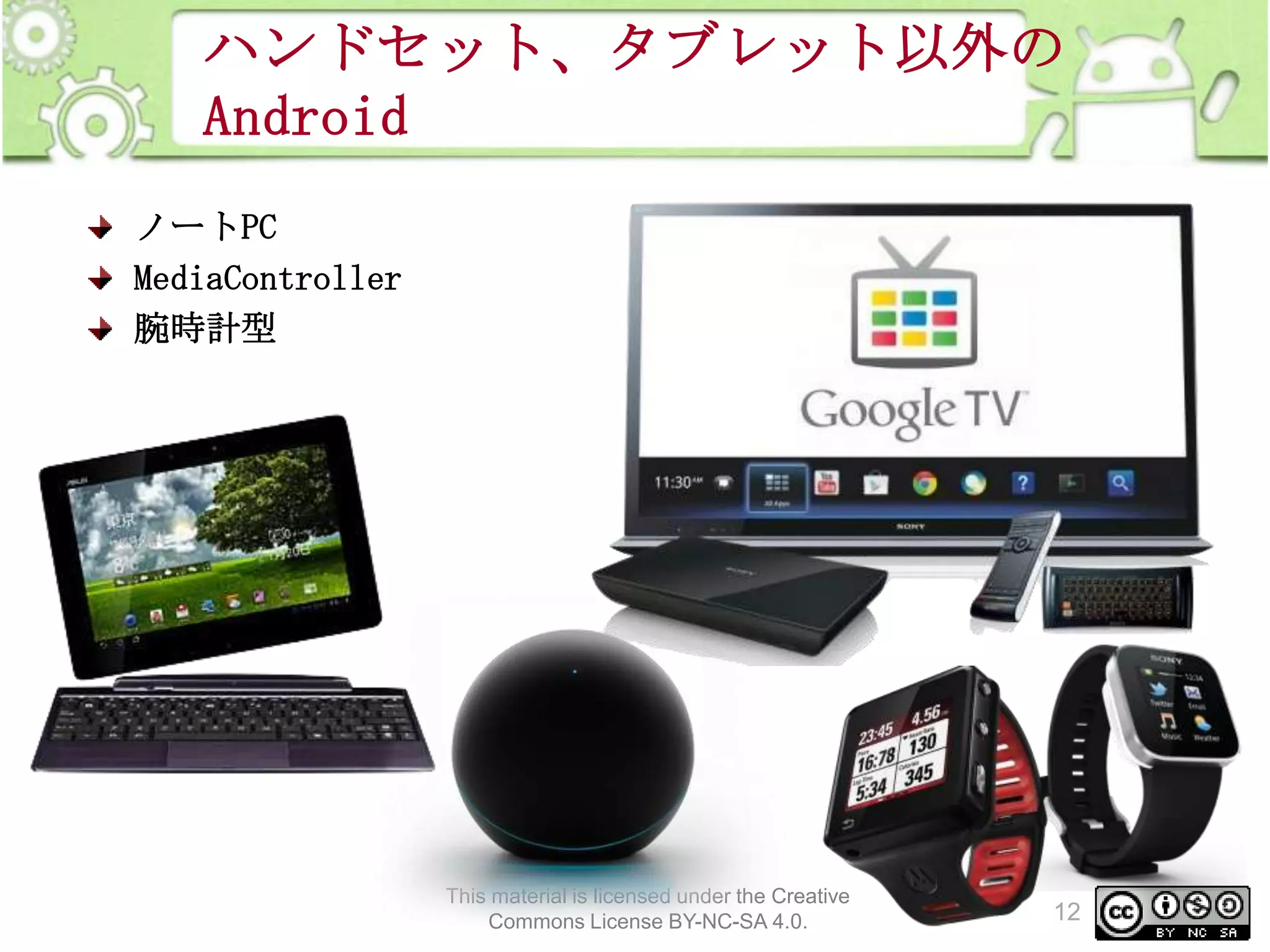 ハンドセット、タブレット以外の
Android
ノートPC
MediaController
腕時計型

This material is licensed under the Creative
Commons License BY-NC-SA 4.0.

12

 