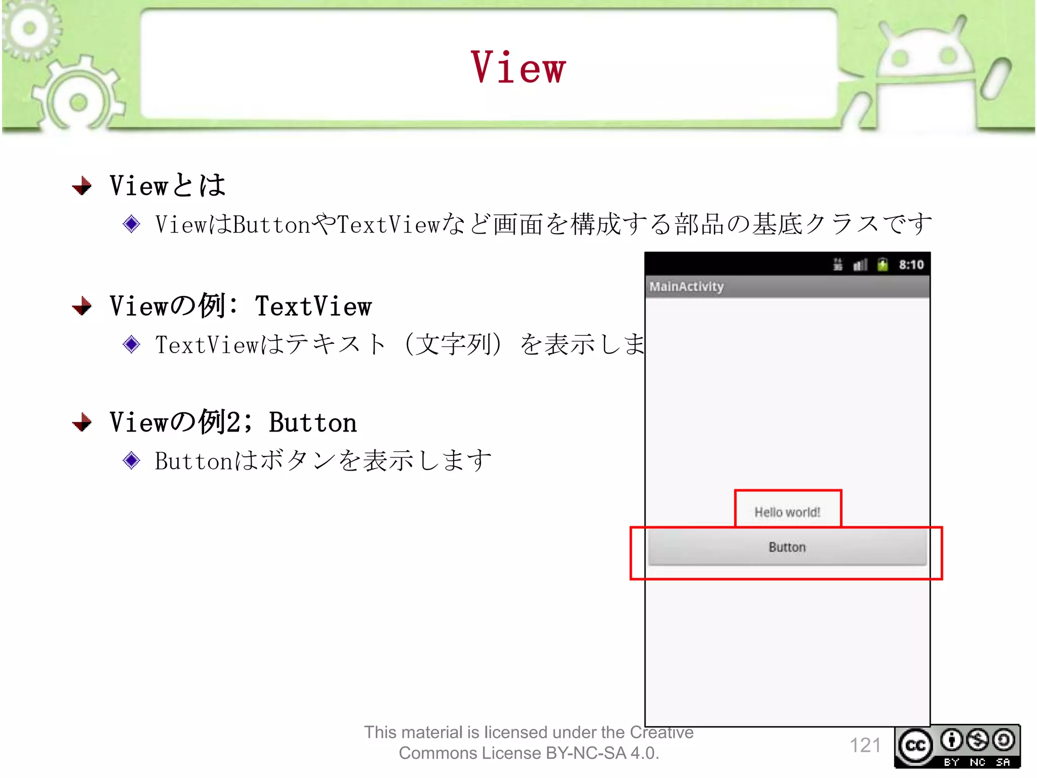View
Viewとは
ViewはButtonやTextViewなど画面を構成する部品の基底クラスです

Viewの例: TextView
TextViewはテキスト（文字列）を表示します

Viewの例2; Button
Buttonはボタンを表示します

This material is licensed under the Creative
Commons License BY-NC-SA 4.0.

121

 